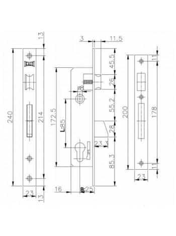 KALE Замок ALU (23 мм) 253U-25 засувка B=25 мм ригель, що випадає